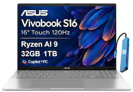 ASUS - Upgraded - Vivobook S16 16" 120Hz Touchscreen Laptop - AMD Ryzen AI 9 465 2026 - 32GB RAM - 1TB SSD - Windows 11 Pro - Copilot+ PC - Silver