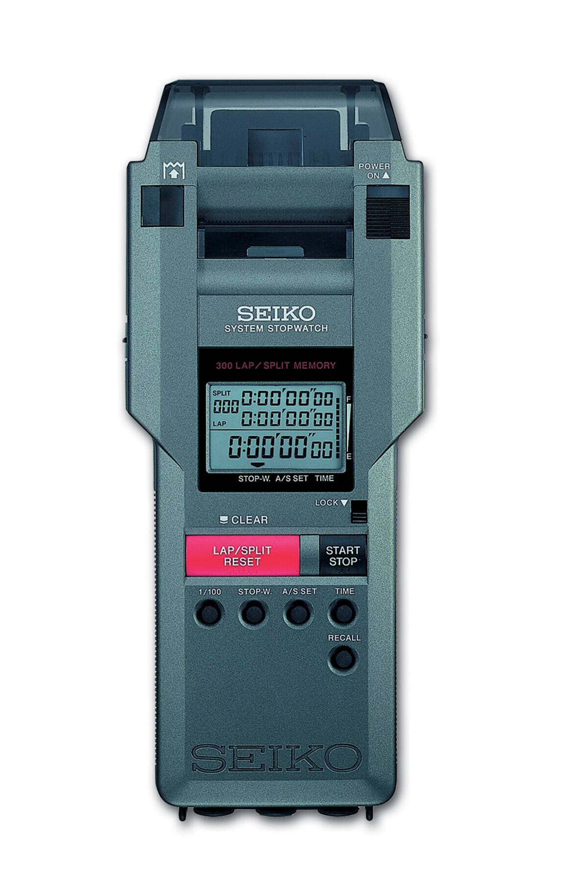 Sure, here is the corrected and grouped text from the image:

---

**SEIKO SYSTEM STOPWATCH**

**300 LAP/SPLIT MEMORY**

- SPLIT 0:000000
- LAP 0:000000
- 0:000000

**STOP-W. A/S SET TIME**

- LOCK
- CLEAR
- LAP/SPLIT RESET
- START STOP
- A/S SET TIME
- RECALL

**POWER ON**

**1/100**

**SEIKO**

---