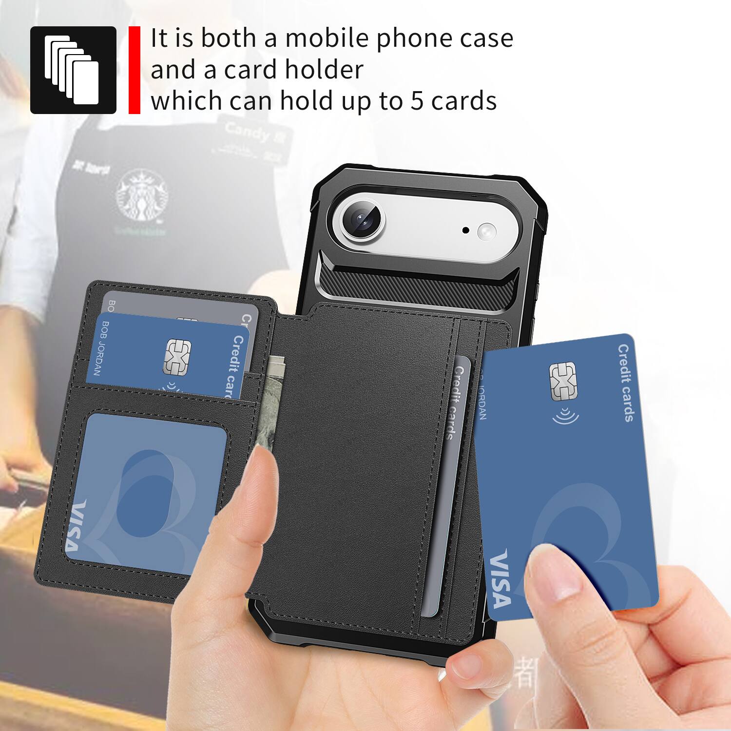It is both a mobile phone case and a card holder which can hold up to 5 cards.