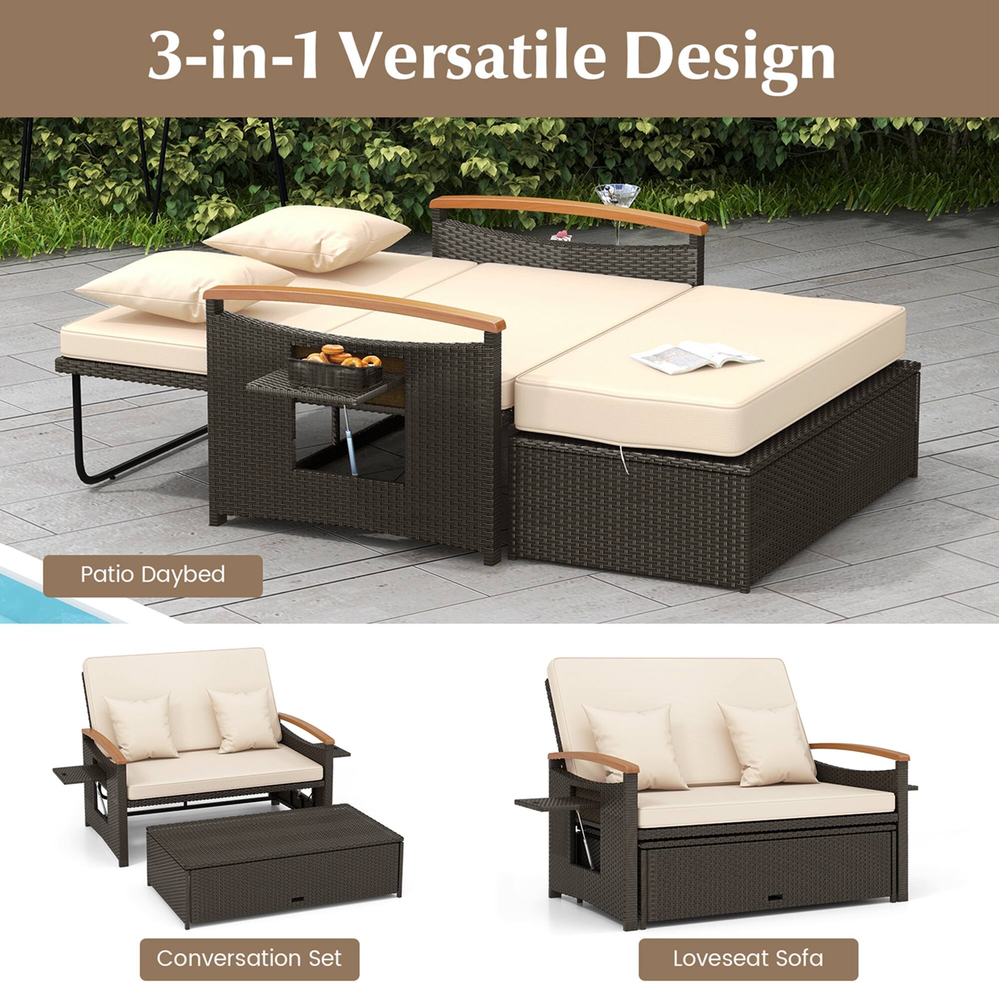 3-in-1 Versatile Design Patio Daybed Conversation Set Loveseat Sofa