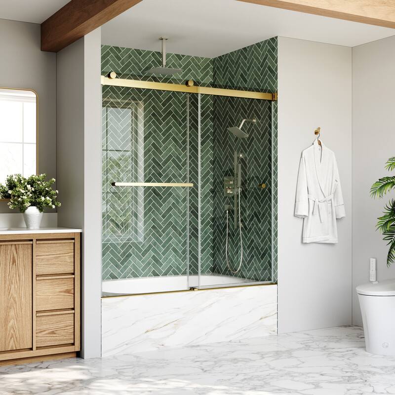 Angle. WELLFOR - 56-60 in W x 62 in H Double Sliding Frameless Shower Door with 1/4 in. Clear SGCC Tempered Glass - Brushed Gold.