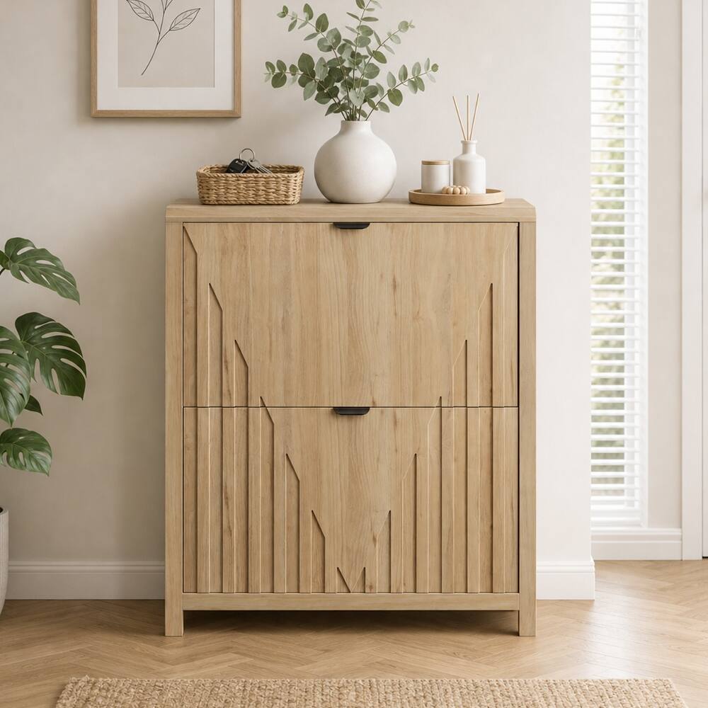 Left. Loheer - Loheer 31.5 inch oak entryway shoe cabinet with vertical carved panels - Oak.