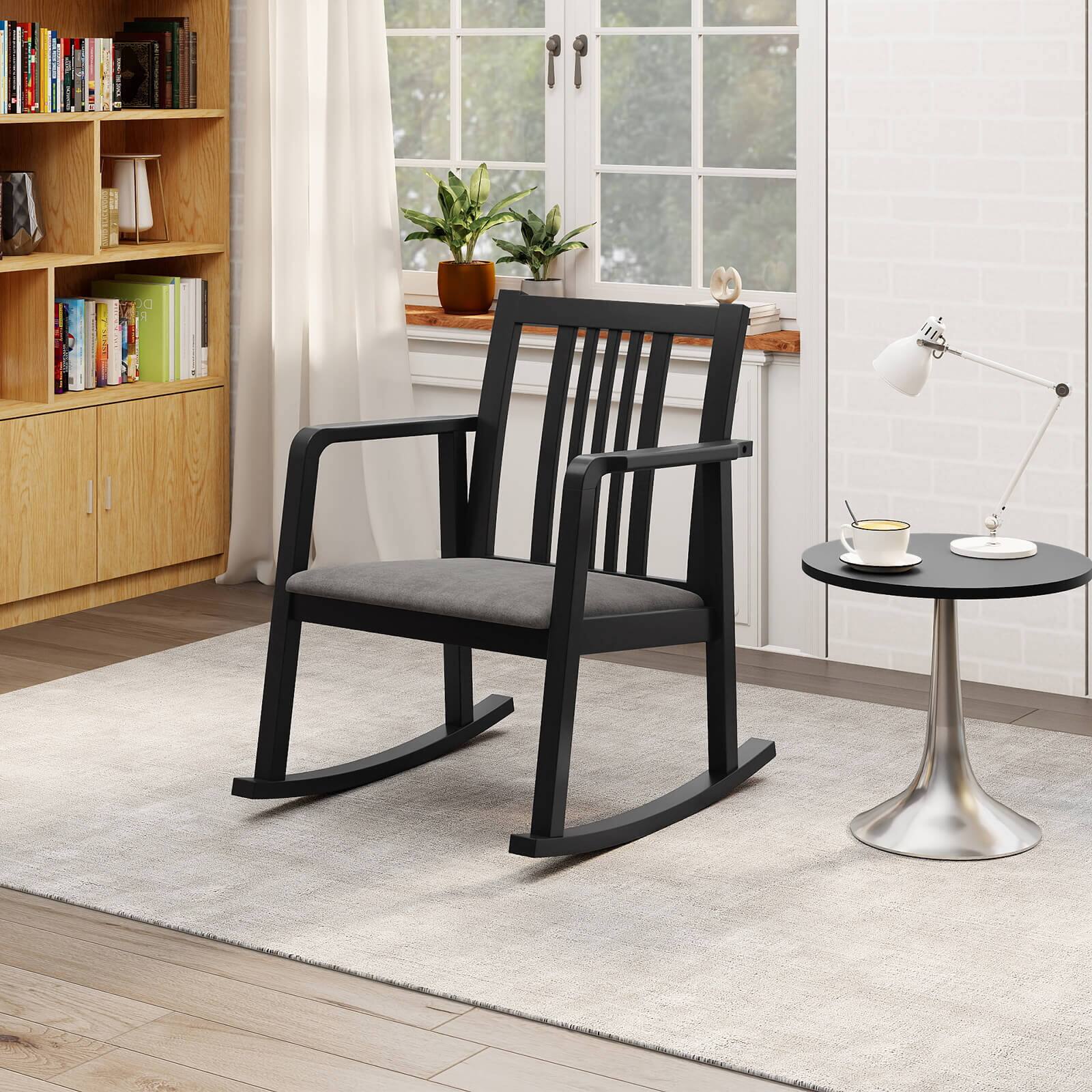 Alt View 5. Costway - Costway 2 PCS Rocking Chair with Cushioned Seat, Slatted Back & Curved Armrests for Bedroom - Black + Gray.