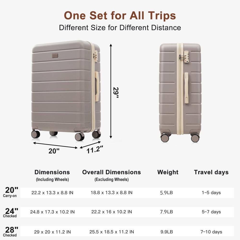One Set for All Trips  
Different Size for Different Distance  

20" Carry-on  
Dimensions (Including Wheels): 22.2 x 13.3 x 8.8 IN  
Overall Dimensions (Excluding Wheels): 18.8 x 13.3 x 8.8 IN  
Weight: 5.9LB  
Travel days: 1-5 days  

24" Checked  
Dimensions (Including Wheels): 24.8 x 17.3 x 10.2 IN  
Overall Dimensions (Excluding Wheels): 22.2 x 16 x 10.2 IN  
Weight: 7.9LB  
Travel days: 5-7 days  

28" Checked  
Dimensions (Including Wheels): 29 x 20 x 11.2 IN  
Overall Dimensions (Excluding Wheels): 25.5 x 18.5 x 11.2 IN  
Weight: 9.9LB  
Travel days: 7-10 days
