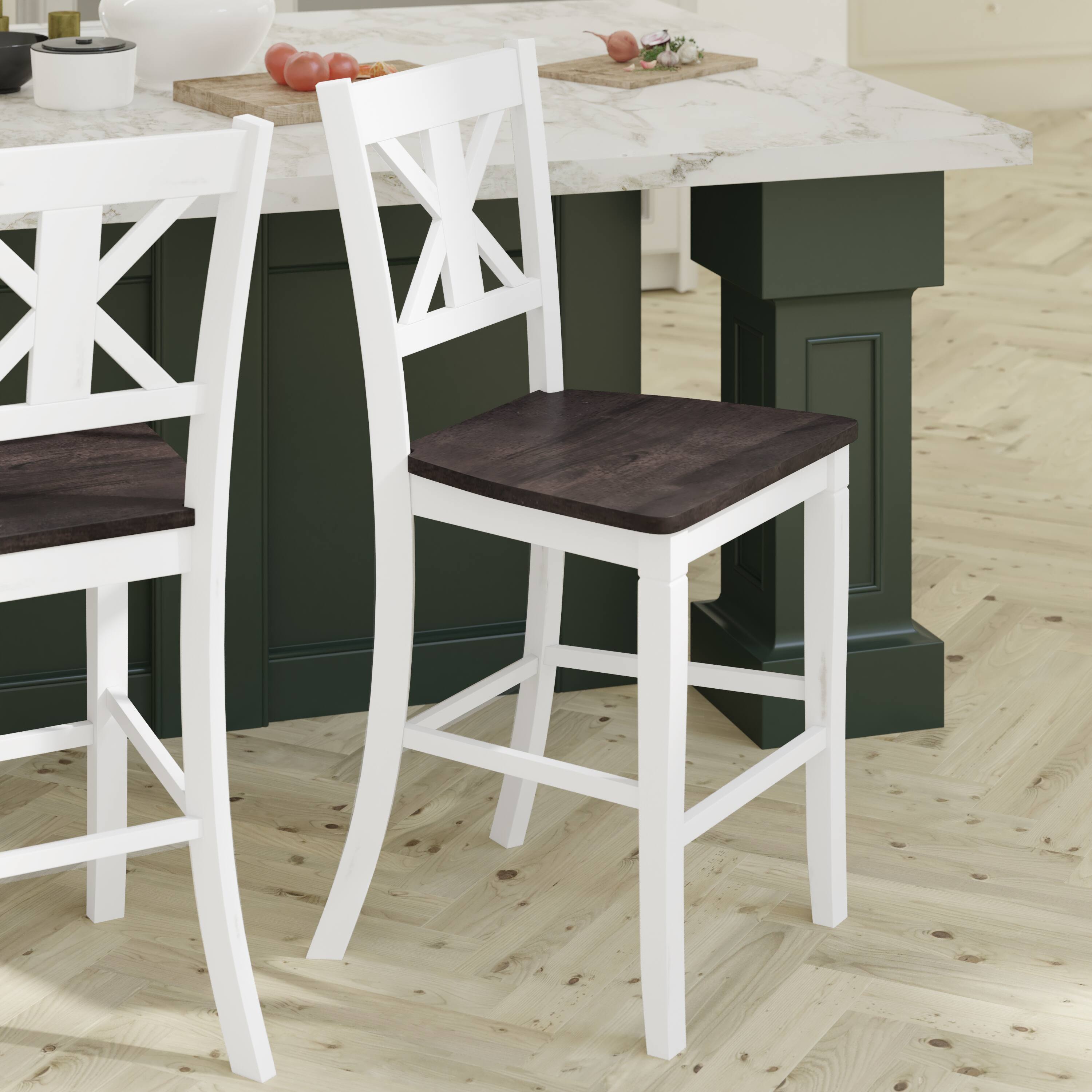 Alt View 4. Emma + Oliver - Lara Set of 2 Wooden Modern Farmhouse Bar Height Dining Stool with Decorative Carved Backrest and Wood Seat - White Wash.