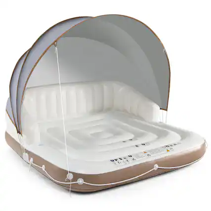 Front. Gymax - Gymax Floating Canopy Island Inflatable Pool Float Lounge Raft w/ Retractable Canopy - White, Brown, Silver.