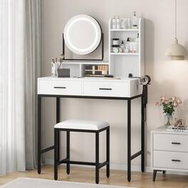GARVEE - Vanity Desk with 360° Rotating Mirror, Power Outlets & USB, Storage Shelves, 2 Drawers, Stool, Modern Makeup - White