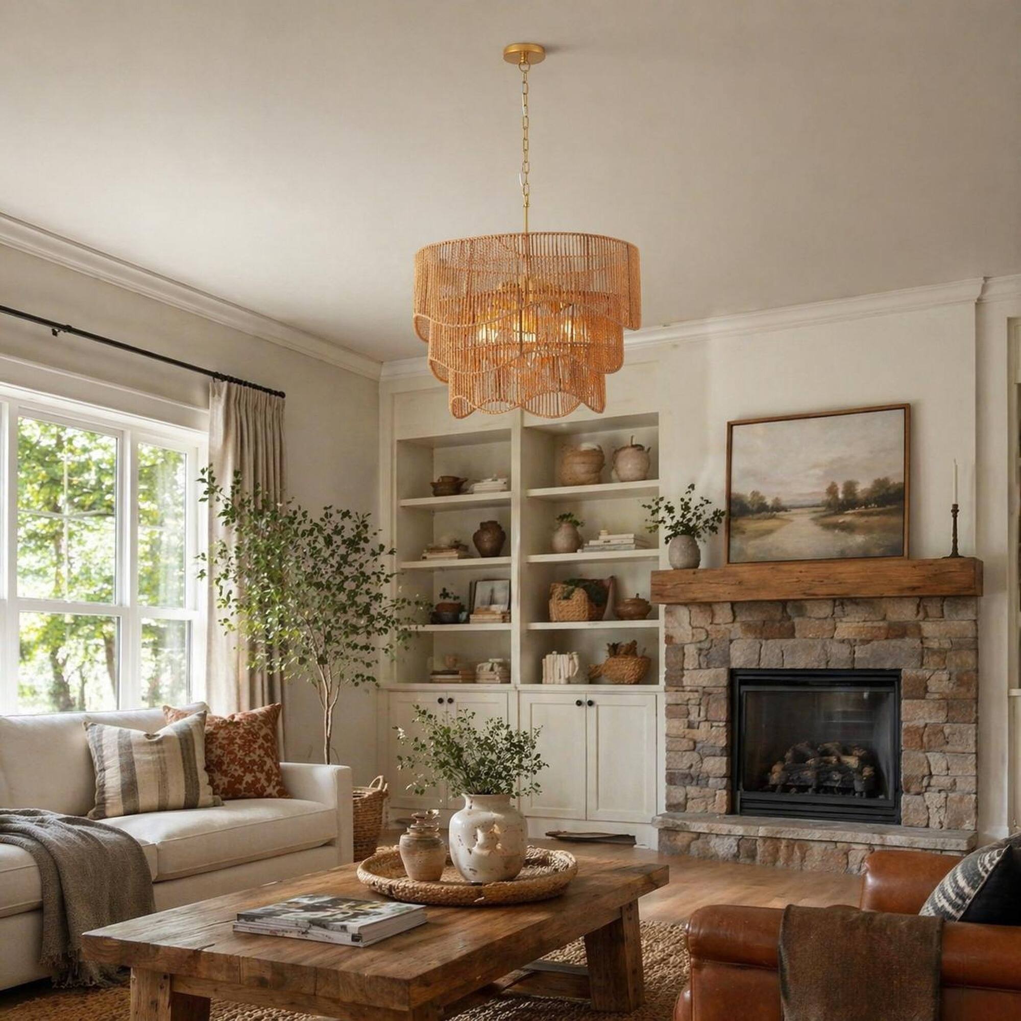 Angle. RYHNUYNE - Boho Rattan Chandelier, Modern Farmhouse Chandelier for Dining Room Living Room - Gold.