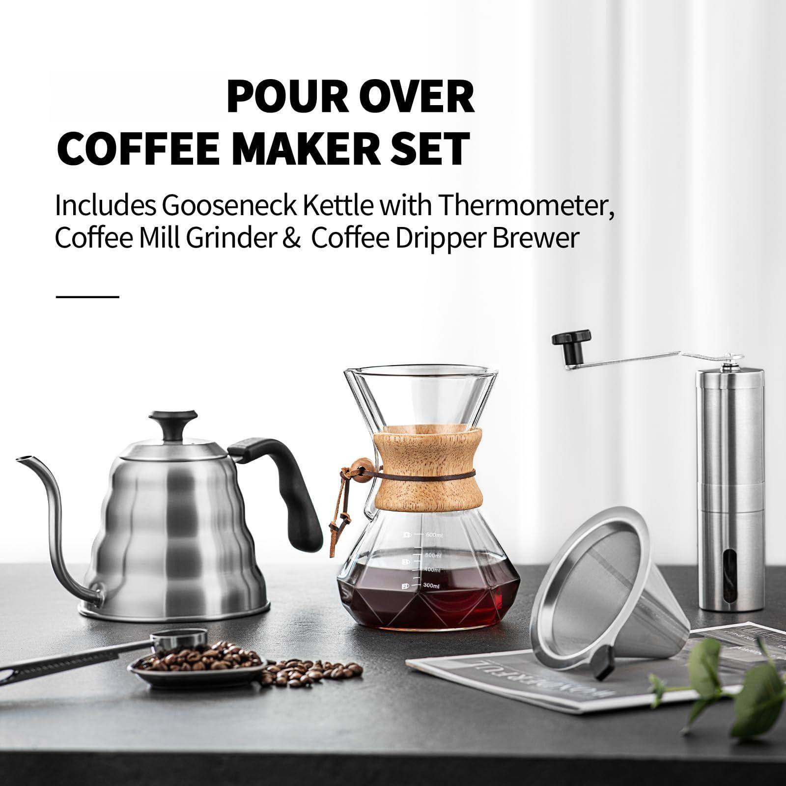 POUR OVER COFFEE MAKER SET

Includes Gooseneck Kettle with Thermometer, Coffee Mill Grinder & Coffee Dripper Brewer