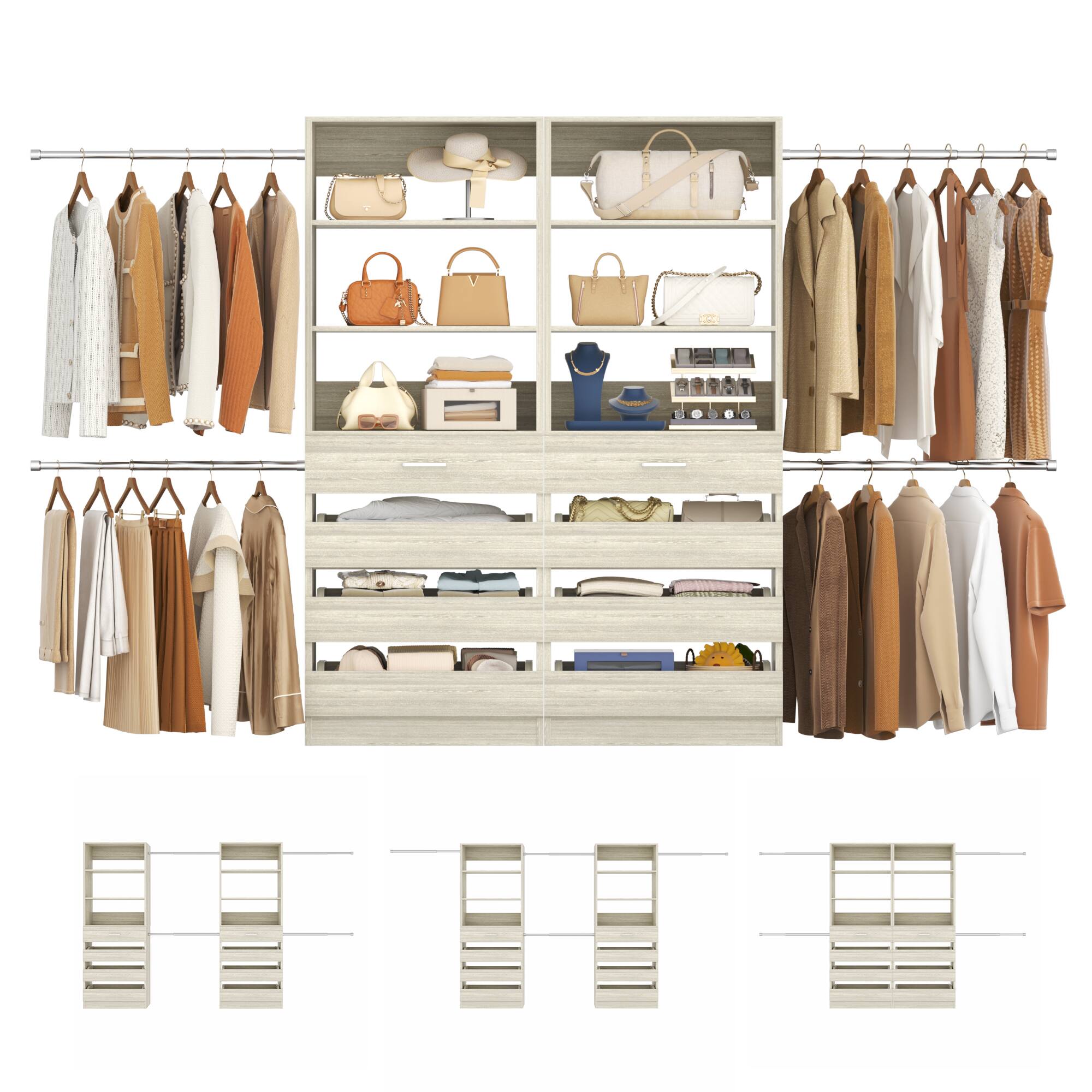 Left. Aheaplus - 6-15Ft Wood Walk-in Closet Organizer: 8 Drawers, 4 Hanging Rods & Tower - White Oak.