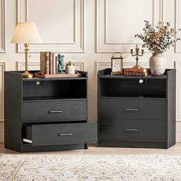 Aheaplus - 23.6'' Wide Nightstand Set of 2 with Drawers and Charging Station for Bedroom - Black