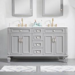 WELLFOR - ARTWOOD 60 in. Solid Wood Bath Vanity with Quartz Top, Double Sink, Soft Close, Assembled - Gray