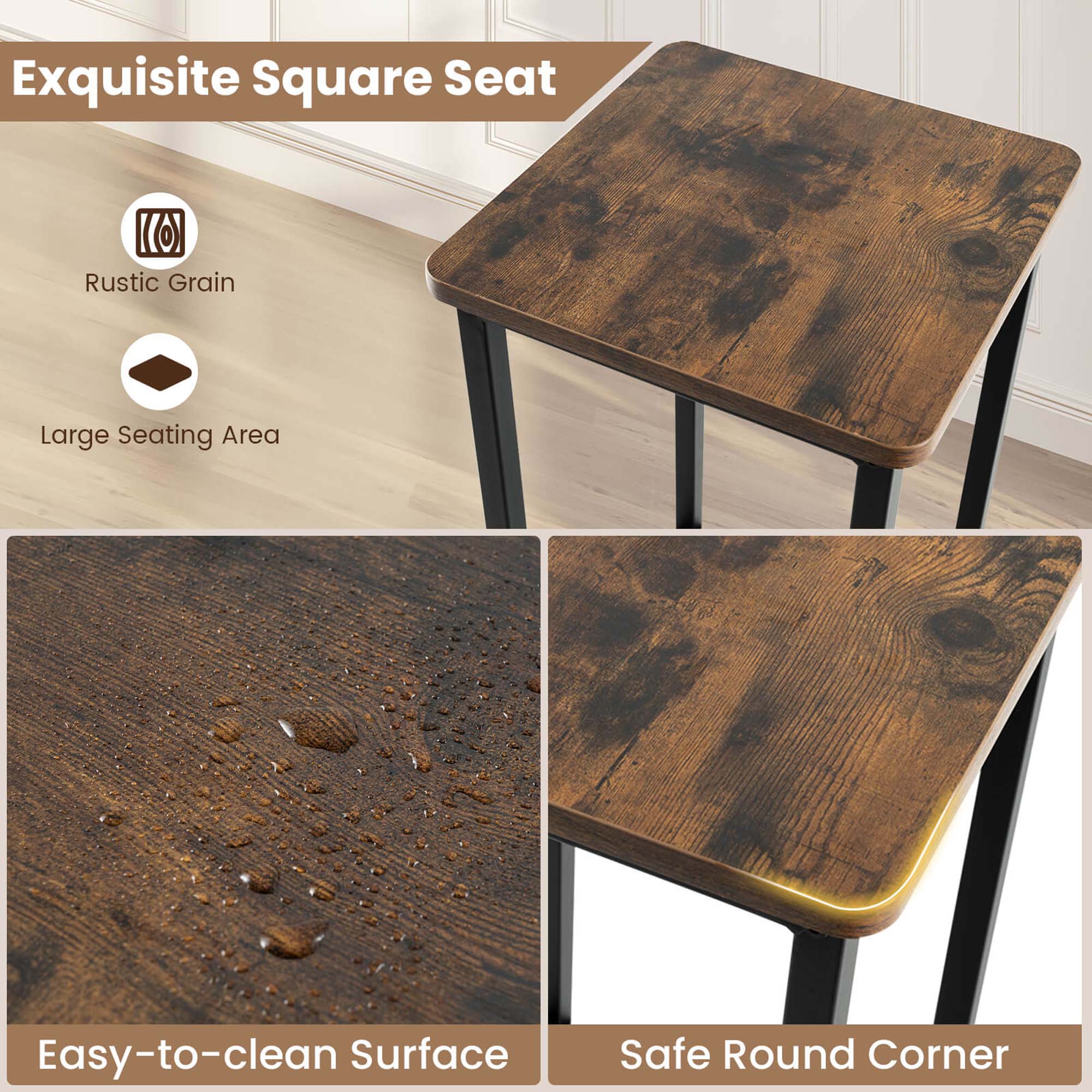 Exquisite Square Seat: Rustic Grain, Large Seating Area, Easy-to-clean Surface, Safe Round Corner