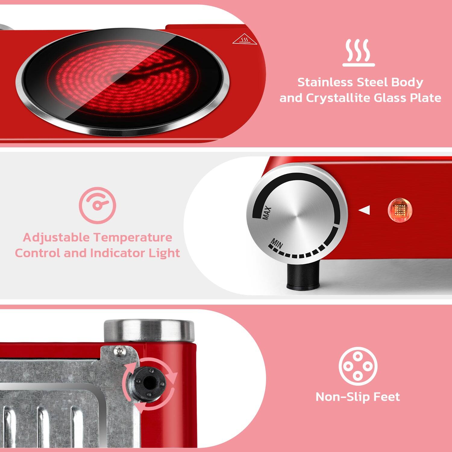 155 Stainless Steel Body and Crystallite Glass Plate Adjustable Temperature Control and Indicator Light MAX Non-Slip Feet