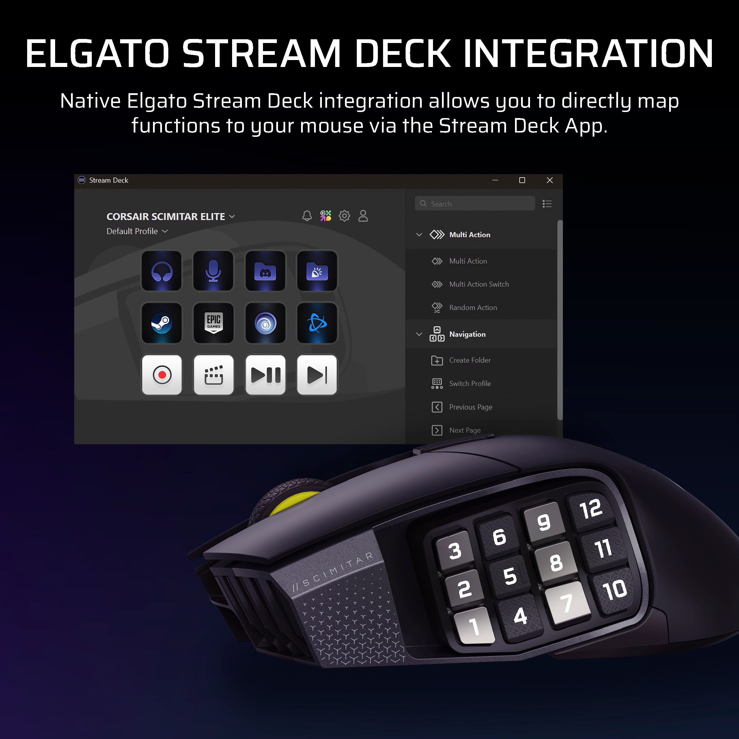 Elgato Stream Deck Integration Native Elgato Stream Deck integration allows you to directly map functions to your mouse via the Stream Deck App. Stream Deck - x Corsair Scimitar Elite Default Profile Search Multi Action Multi Action Multi Action Switch EPIC - Random Action Navigation Create Folder Switch Profile Previous Page 5 New Page /SCIMITAR 3 2 1 12 9 6 11 8 5 10 7 4
