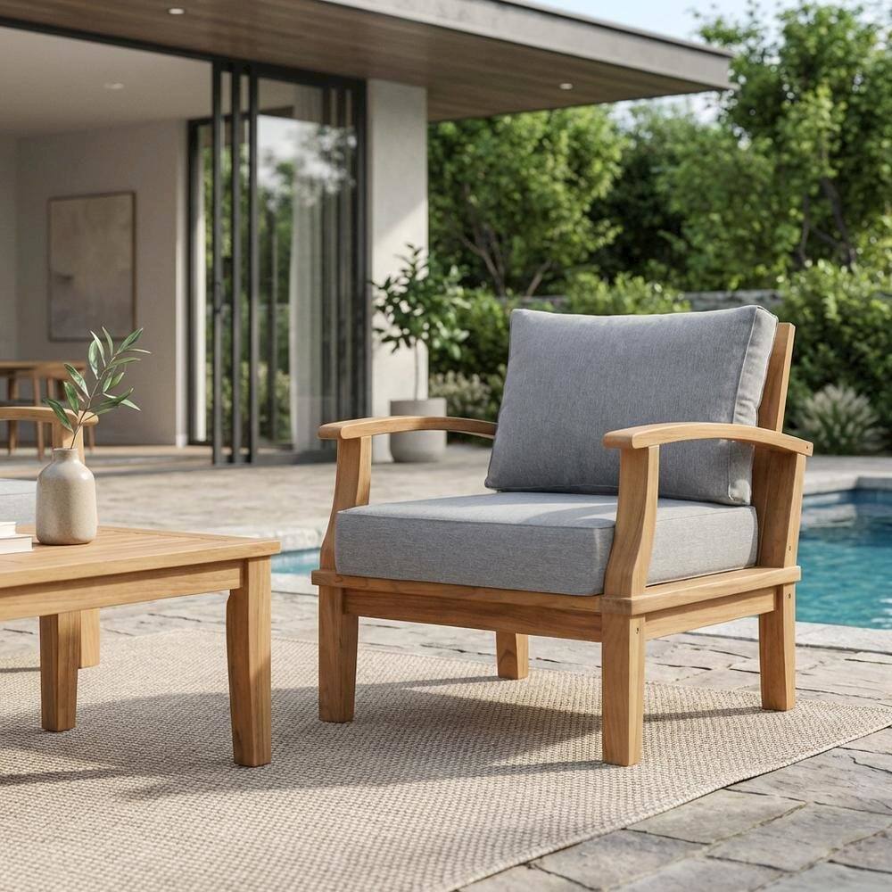 Left. Outdoor Escape - Outdoor Teak Armchair For Patio Lounge With Cushioned Seating - Gray.