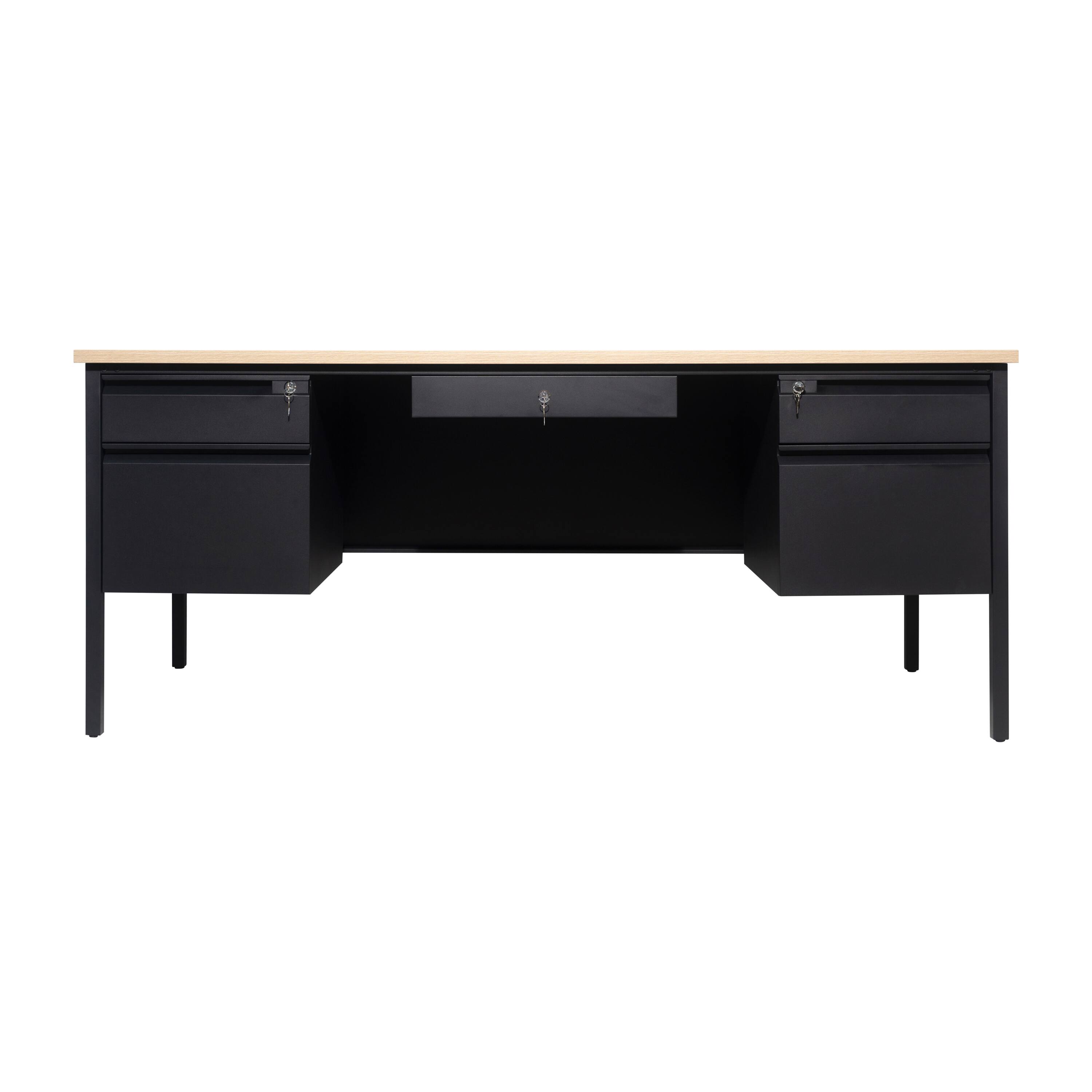 Angle. Flash Furniture - Cambridge Commercial Grade 30x70 Double Pedestal Desk with 5 Locking Drawers, White Oak Top and Black Frame - Brown.