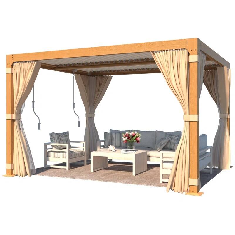 Alt View 7. U-HOMY - Wood Grain Aluminum Louvered Pergola Gazebo with Adjustable Rainproof Roof, Curtains & Netting - 10'x12'.
