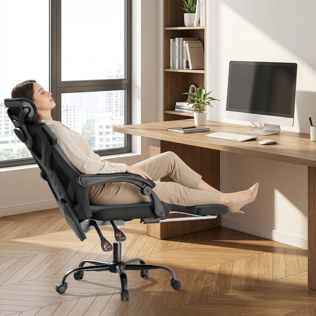 Angle. COQOOL - Office Chair with Footrest, High Back Reclining Desk Chair with Adjustable Headrest, Comfortable Task Chair for Home - black.