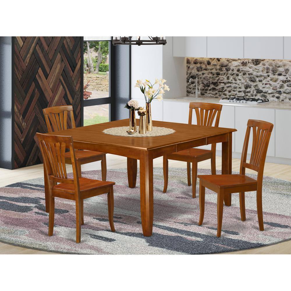 Back. East West Furniture - 5 Pc Dining set-Dining Table with Leaf and 4 Dinette Chairs. - Saddle Brown.