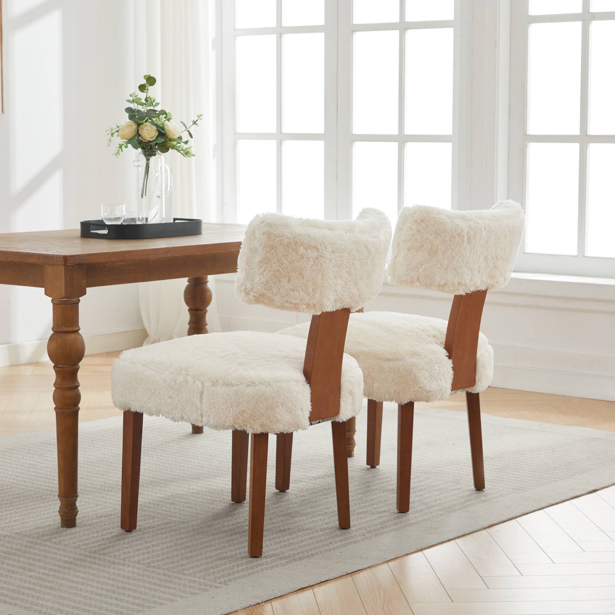 Alt View 10. GOODSILO - Set of 2 Modern Armless Dining Chairs with Curved Backrest and Solid Wooden Legs for Dining and Living Room - Ivory.