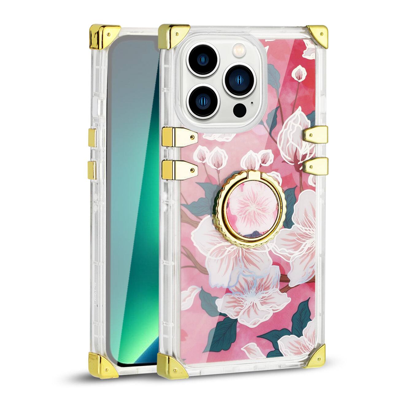 Reiko - Iphone 13 Floral Print Case With Ring Holder In - Hot Pink