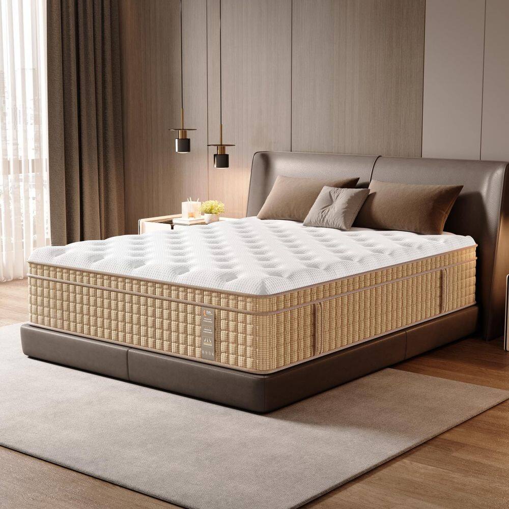 Front. PDTEND - 12 Inch Queen Medium Firm Hybrid Mattress with Independently Encased Springs & Gel Memory Foam - Beige+White.