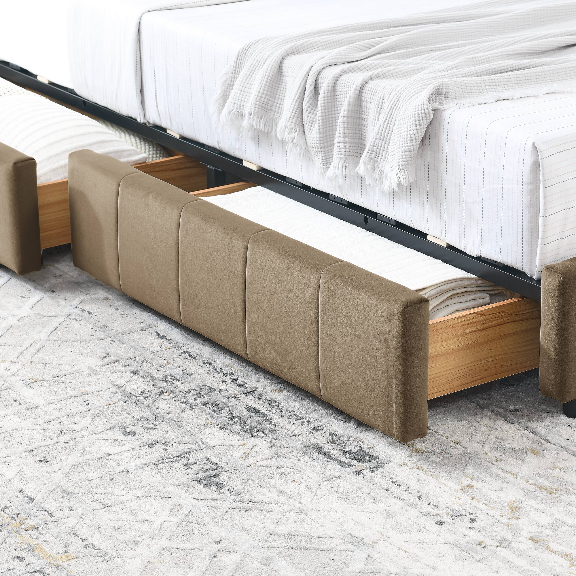 Alt View 2. Anysun - Full Size Velvet Tufted Storage Bed Frame - Sofa Bed with Backrest & Armrests for Bedroom or Living Room - Brown.