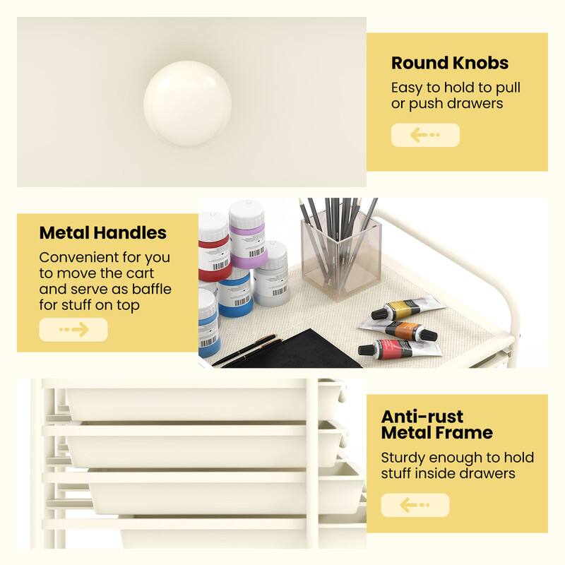 Round Knobs  
Easy to hold to pull or push drawers  

Metal Handles  
Convenient for you to move the cart and serve as baffle for stuff on top  

Anti-rust Metal Frame  
Sturdy enough to hold stuff inside drawers