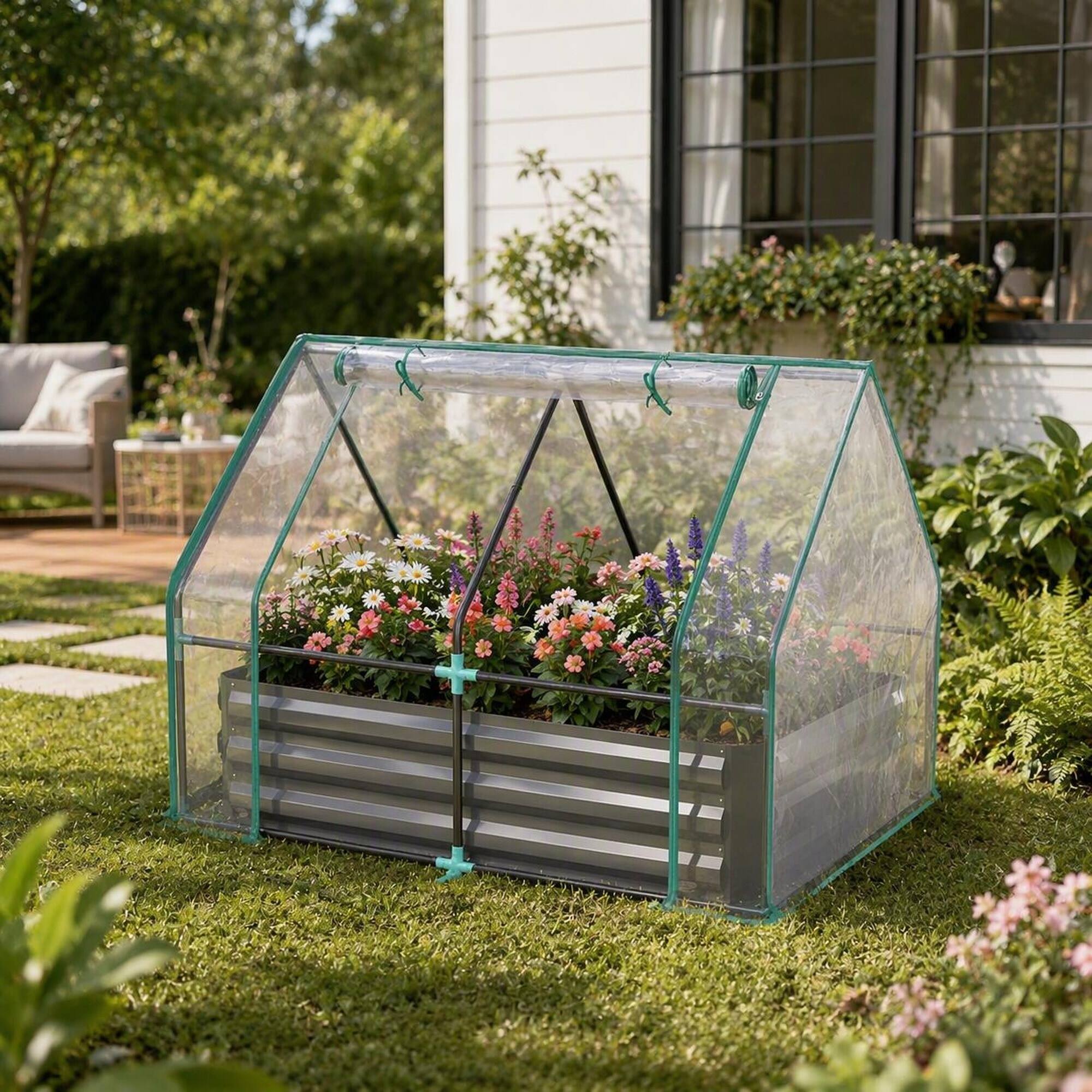 Angle. RYHNUYNE - 2-in-1 Raised Garden Bed with Greenhouse Cover Galvanized Steel Planter Box with Clear PE Shield for Outdoor Patio - Clear,Dark Gray.