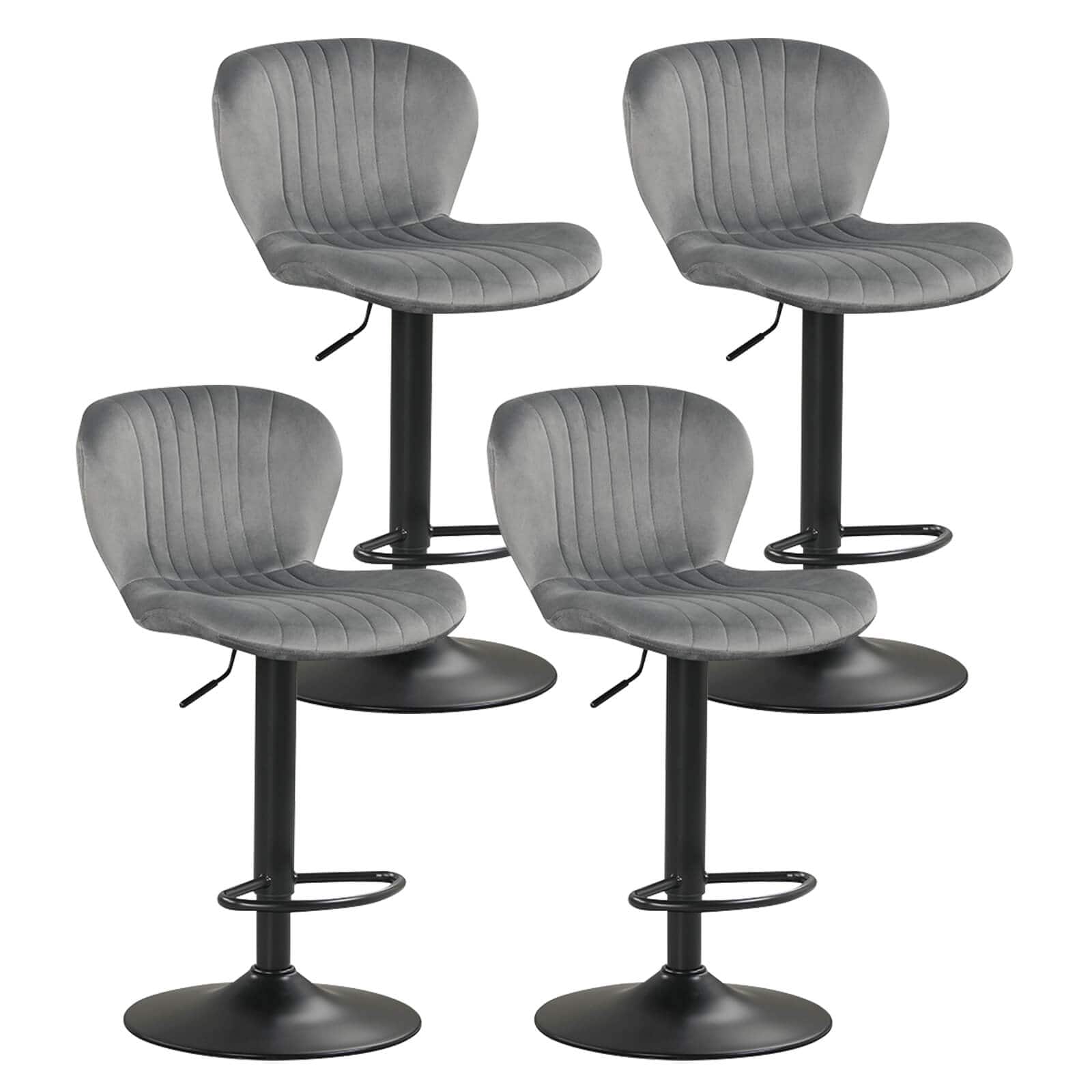 Costway - Bar Stools Set of 4 with Velvet Upholstered Backrests Padded Seats Metal Footrests - Gray + Black