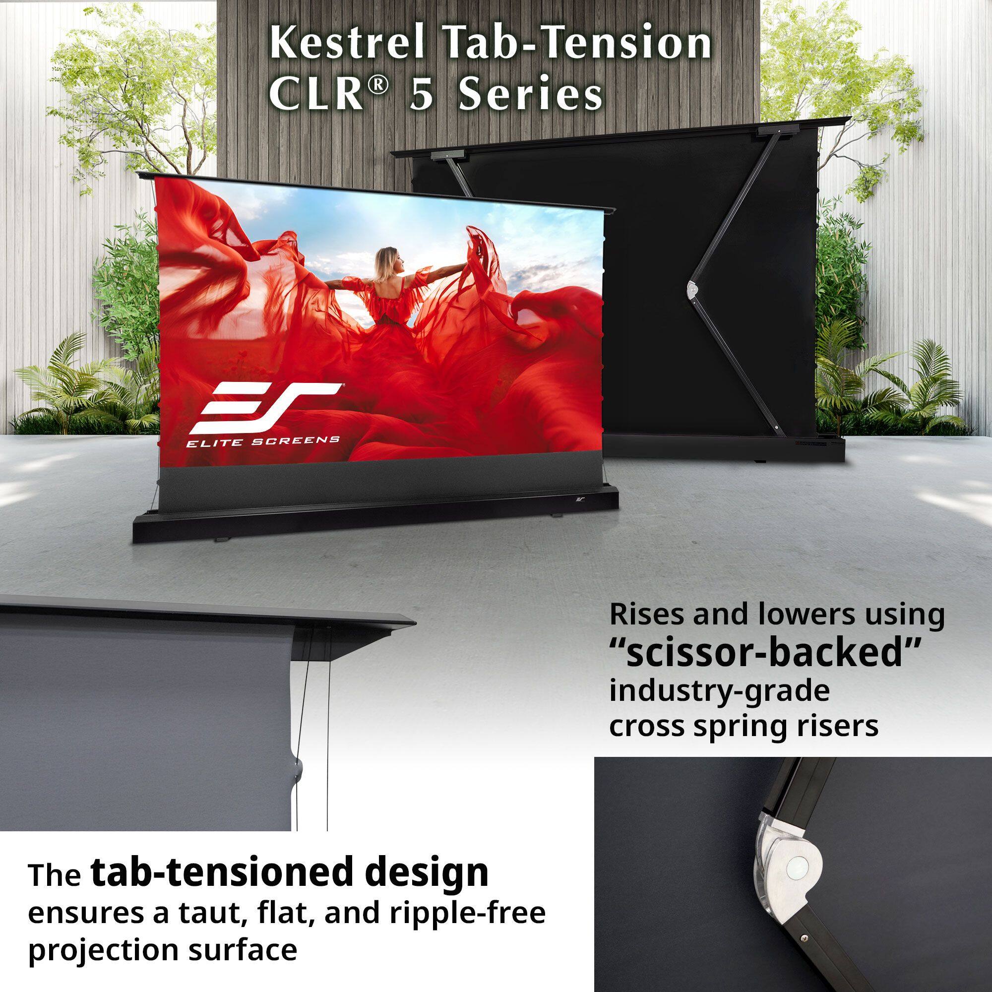 Kestrel Tab-Tension CLR® 5 Series

The tab-tensioned design ensures a taut, flat, and ripple-free projection surface

Rises and lowers using "scissor-backed" industry-grade cross spring risers