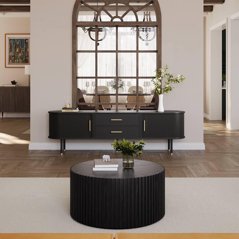 Left. POVISON - 78.74"Mid-Century TV Stand, with Minimalist Wood Media Console with Roller Shutter Door, Tall-Cast Metal Legs - Black.