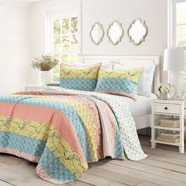 Hivvago - King size Boho Floral Reversible Lightweight Quilt Set - Blue Yellow Pink Ivory
