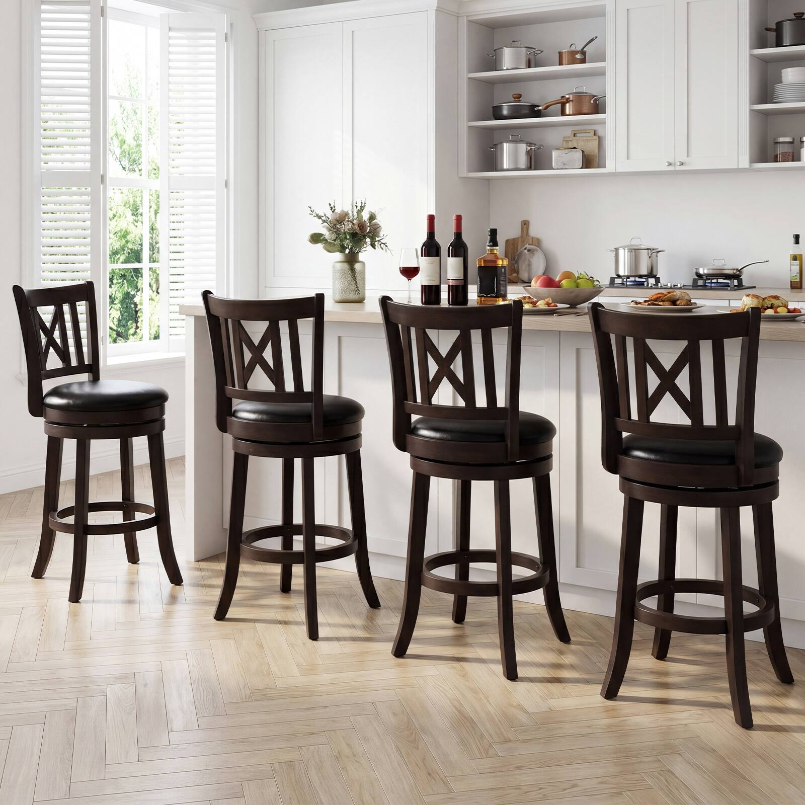 Alt View 1. Gymax - Gymax Set of 4 Bar Stools 26'' Swivel Bar Chairs w/ Footrest Hollowed Backrest - Brown.
