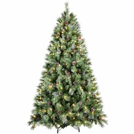 RYHNUYNE - 8FT Pre-Lit Christmas Tree, 550 Warm White LED Lights 1858 PVC Hard Needle Tips 102 Pine Cones Hinged Branch Metal Stand - Green