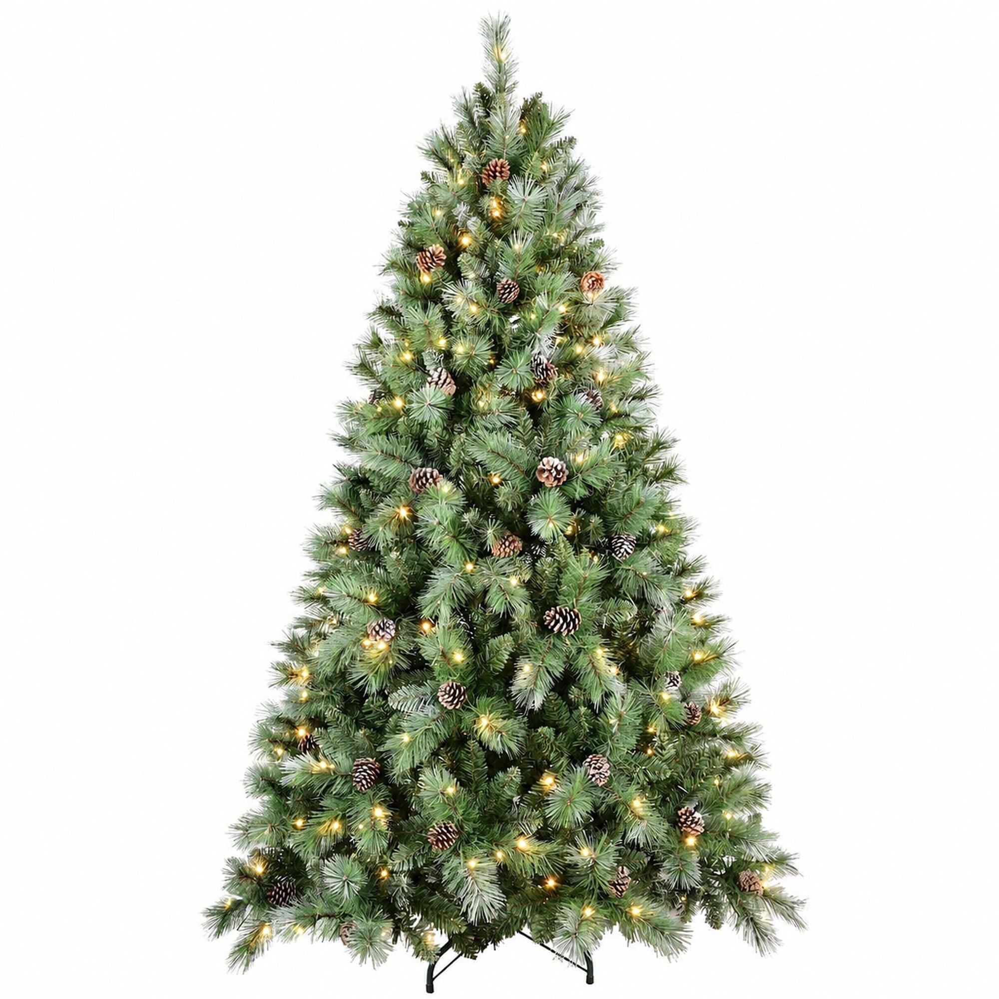 Front. RYHNUYNE - 8FT Pre-Lit Christmas Tree, 550 Warm White LED Lights 1858 PVC Hard Needle Tips 102 Pine Cones Hinged Branch Metal Stand - Green.