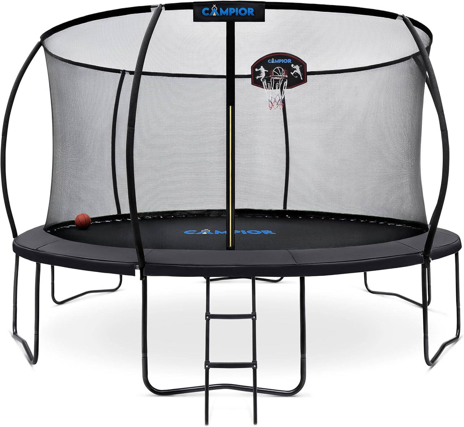 Campior - 14ft Trampoline with Hoop & Net – Safe, Durable, Waterproof, Stable Base, Outdoor Family Fun - Black