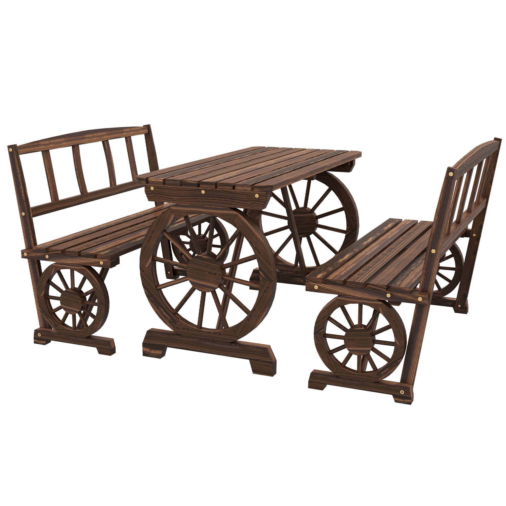 Outsunny - Table and Chairs for 4 People, Wagon Wheel Design, Outdoor Furniture Set for Backyard - Carbonised finish