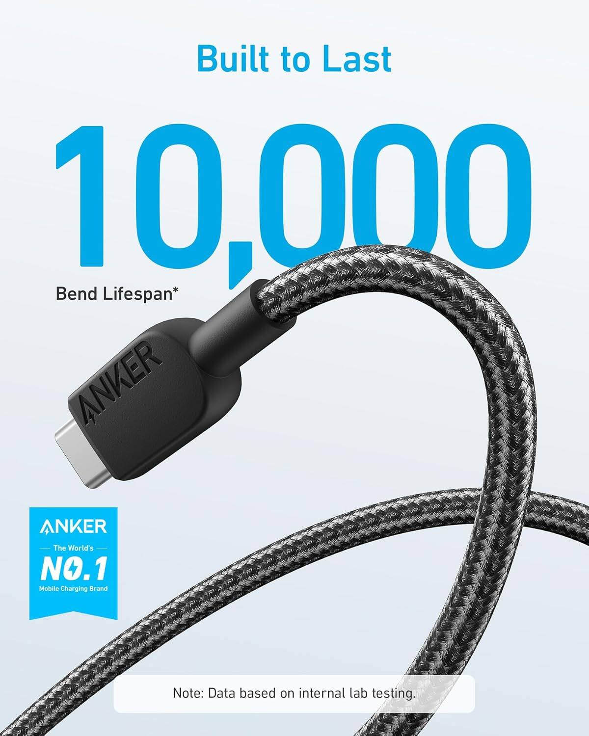 Built to Last 10,000 Bend Lifespan*  
ANKER  
The World's NO.1 Mobile Charging Brand  
Note: Data based on internal lab testing.
