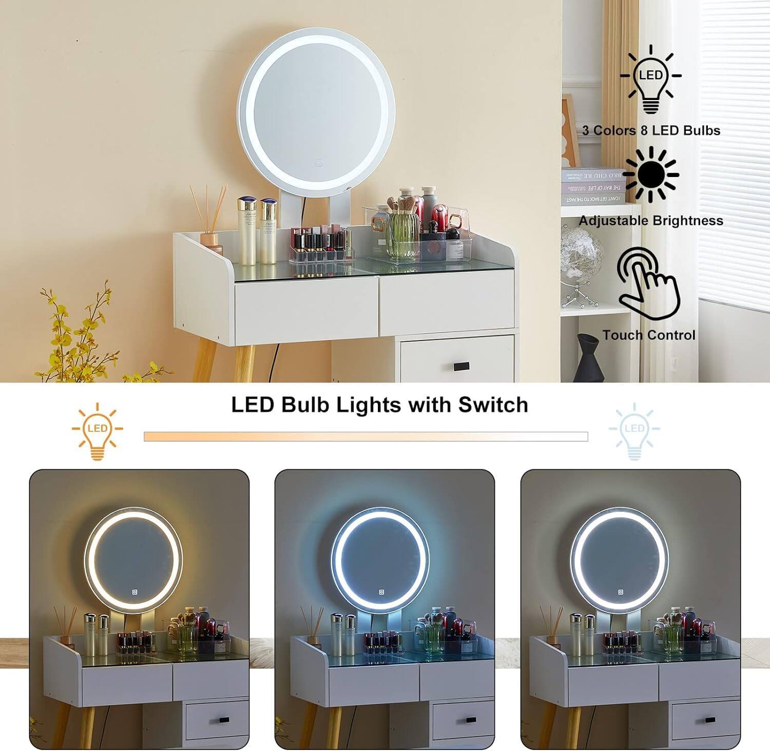 LED Bulb Lights with Switch

- 3 Colors 8 LED Bulbs
- Adjustable Brightness
- Touch Control