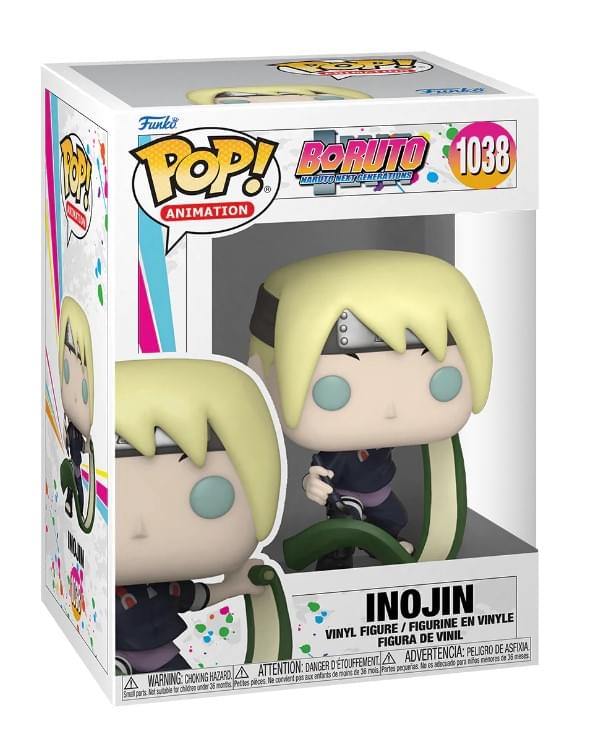 Sure, here is the corrected and grouped text from the image:

---

**Top Left:**
- Funko
- POP! ANIMATION

**Top Center:**
- BORUTO
- NARUTO NEXT GENERATIONS
- 1038

**Center:**
- INOJIN

**Bottom Center:**
- VINYL FIGURE / FIGURINE EN VINYLE / FIGURA DE VINIL
- DANGER D'ÉTOUFFEMENT / ADVERTENCIA: PESEGO DE ASFIXIA / WARNING: CHOKING HAZARD

**Bottom Left:**
- WARNING: CHOKING HAZARD - Small parts. Not for children under 3 years.

**Bottom Right:**
- ATTENTION: DANGER D'ÉTOUFFEMENT - Pequeñas piezas. No convierta a menores de 3 años.

---