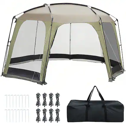 Front. Gymax - Gymax 12.5 FT X 11.7 FT Mesh Screen Tent w/Zippered Door & Carrying Bag for Camping - Green.