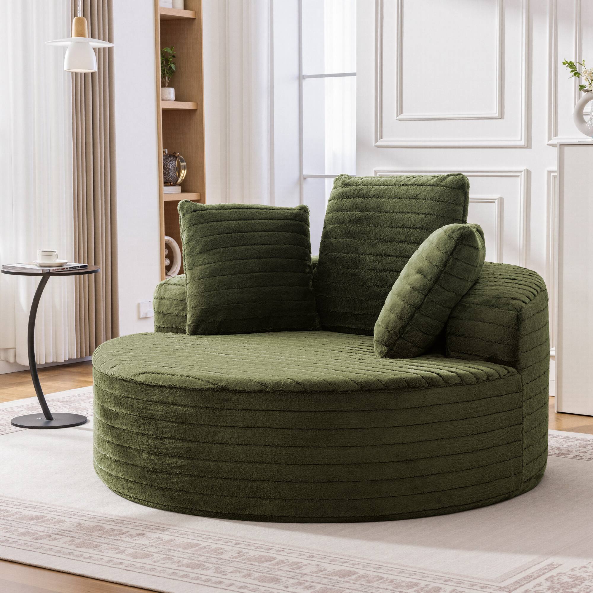 Alt View 6. KERDOM - Oversized Round Sofa, Fluffy 59'' Upholstered Deep Seat Circle Sofa Reading Lounge Chair with Pillows for Living Room - Green.