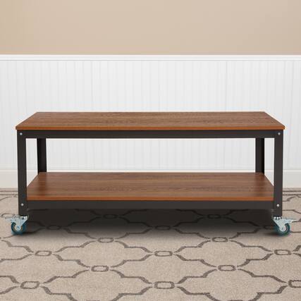 Front. Emma + Oliver - TV Stand in Wood Grain Finish with Metal Wheels - Brown Oak.
