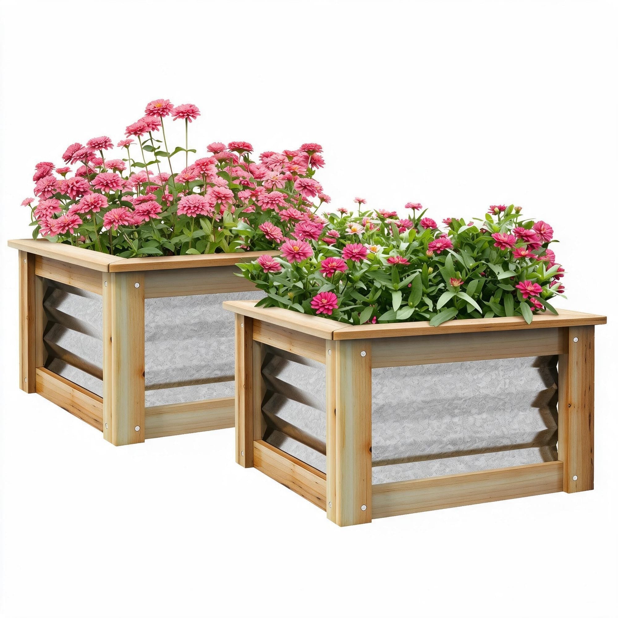 Front. RYHNUYNE - Raised Garden Bed Set of 2, Galvanized Metal Planter Box with Wood Frame, Outdoor Stock Tanks for Flowers, Herbs - Multicolor.