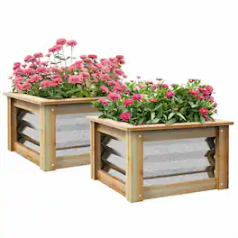 RYHNUYNE - Raised Garden Bed Set of 2, Galvanized Metal Planter Box with Wood Frame, Outdoor Stock Tanks for Flowers, Herbs - Multicolor