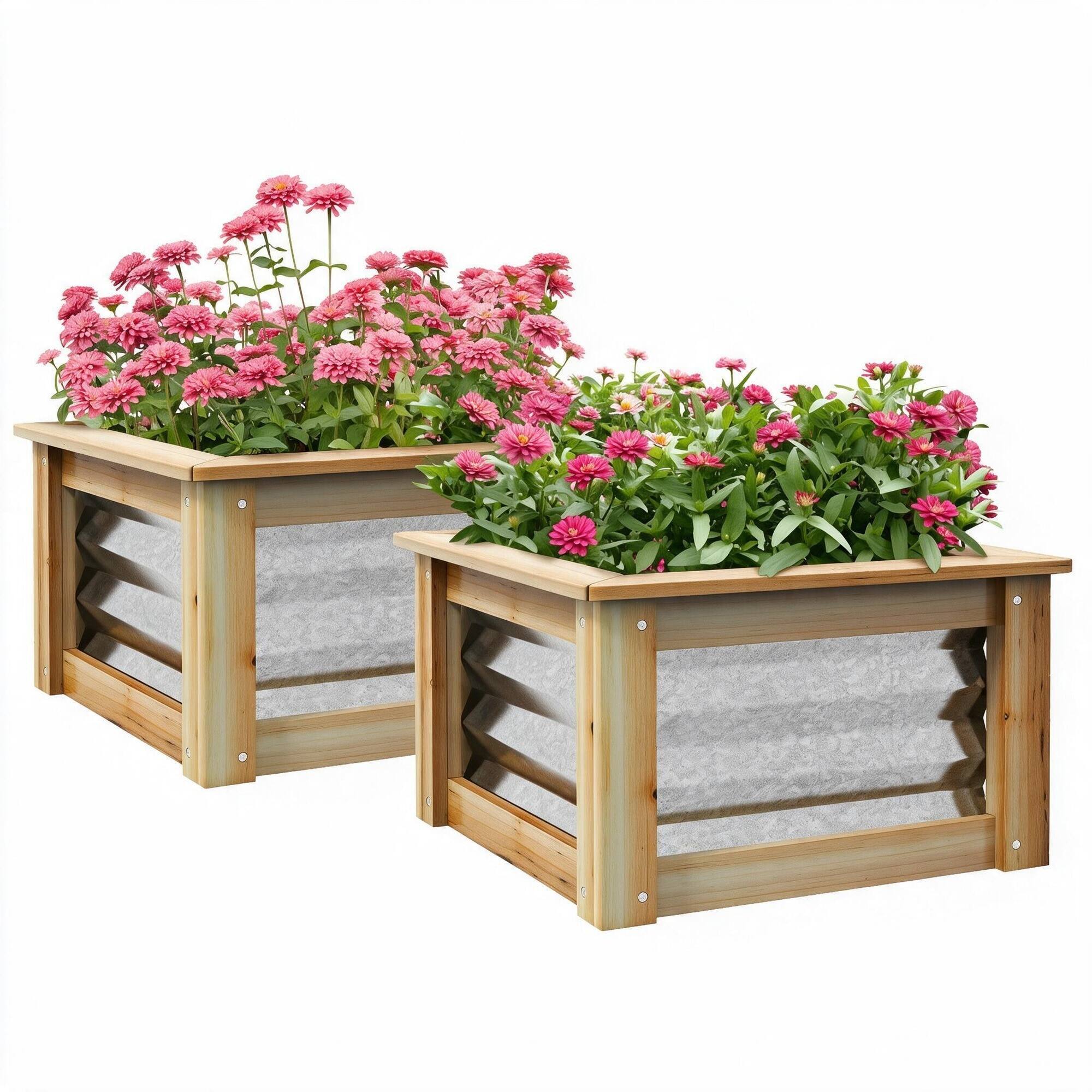 Front. RYHNUYNE - Raised Garden Bed Set of 2, Galvanized Metal Planter Box with Wood Frame, Outdoor Stock Tanks for Flowers, Herbs - Multicolor.