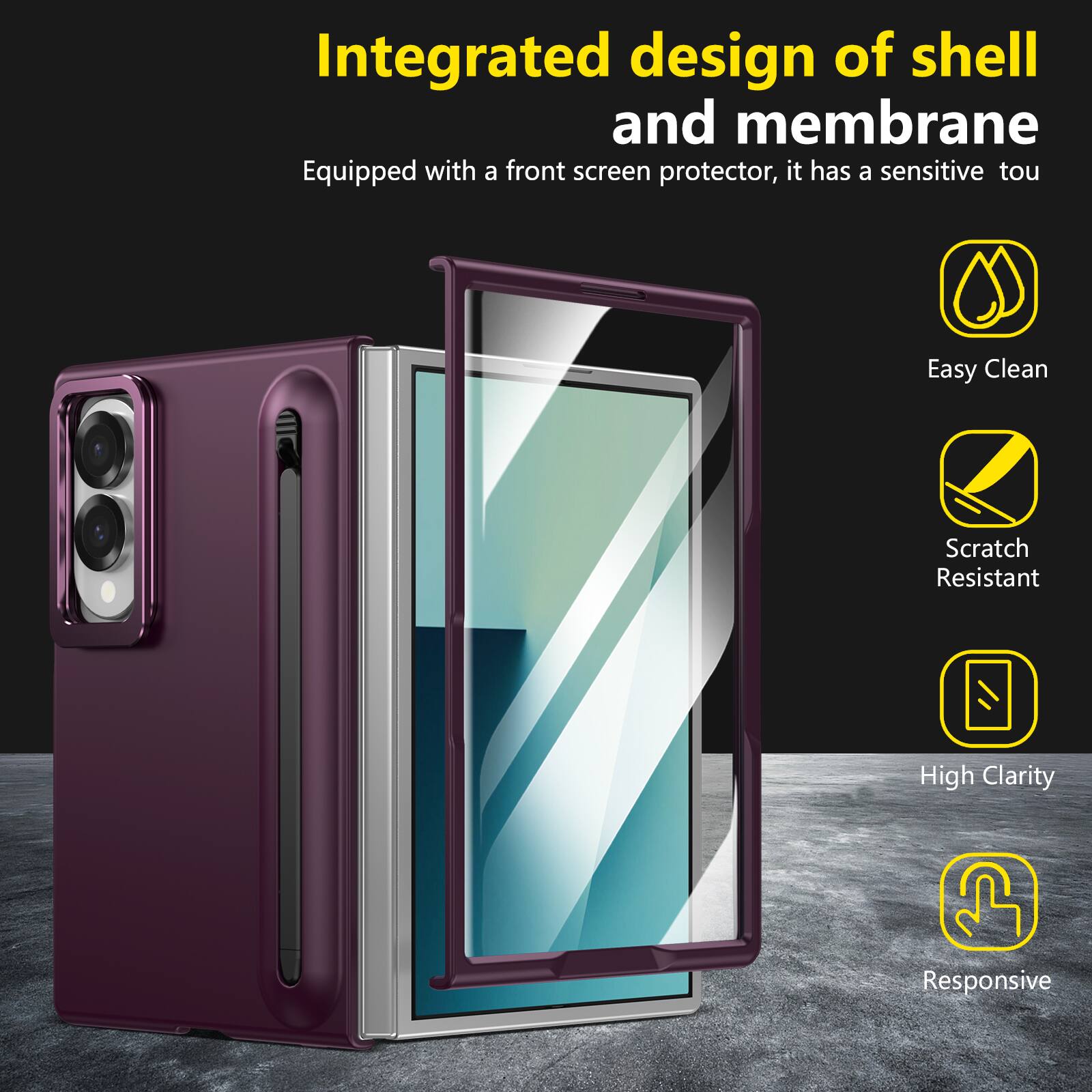 Integrated design of shell and membrane  
Equipped with a front screen protector, it has a sensitive touch  
Easy Clean  
Scratch Resistant  
High Clarity  
Responsive