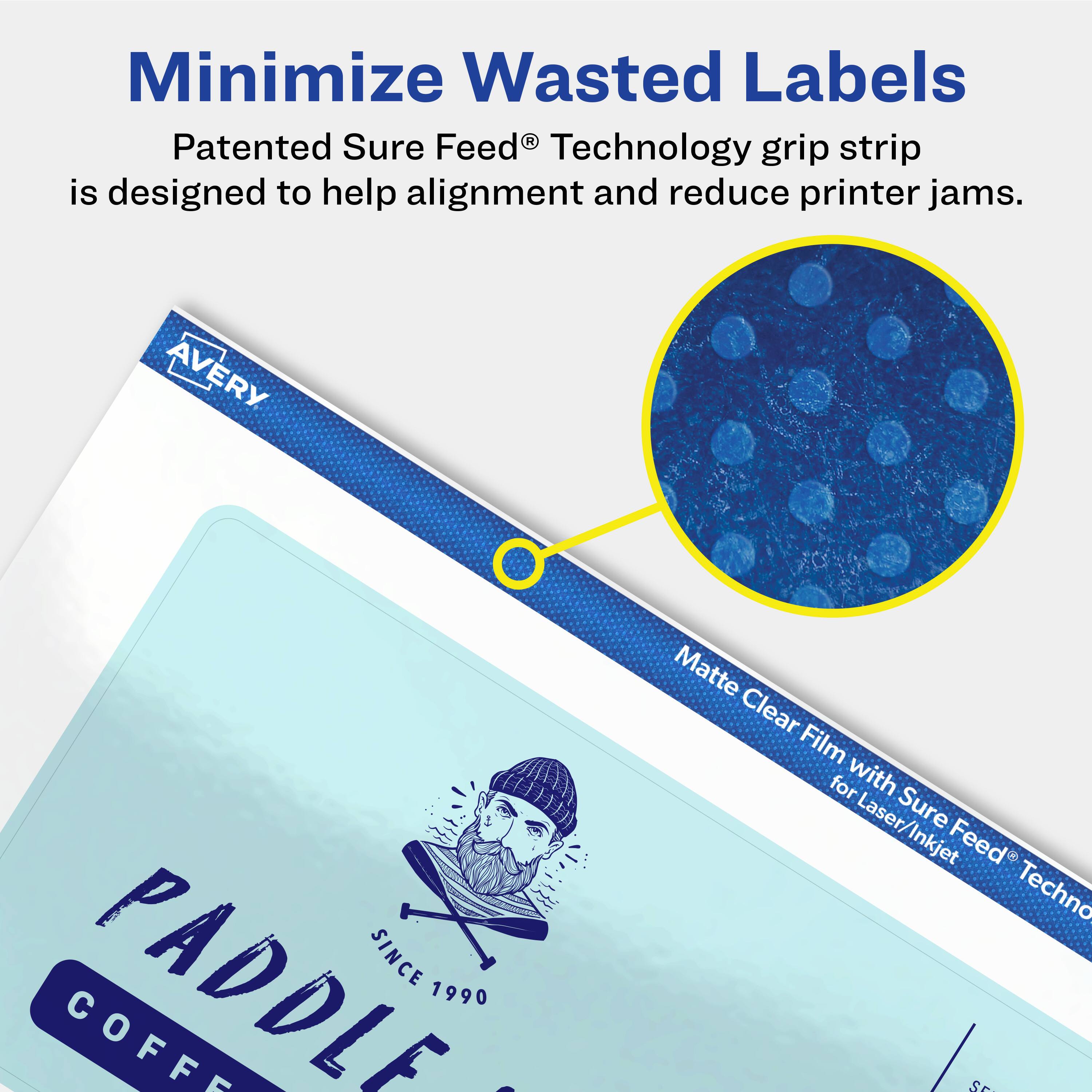 Minimize Wasted Labels

Patented Sure Feed® Technology grip strip is designed to help alignment and reduce printer jams.

AVERY

Matte Clear Film with Sure Feed® Technology for Laser/Inkjet

PADDLE COFFEE
SINCE 1990